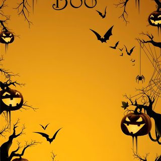 halloween tree with pumpkins and bats in front of an orange sky at night time Halloween 6 Boo Tree Background, Halloween Backgrounds Scary, Halloween Tree Background Printable, dark goldenrod