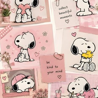 some pink cards with snoopy characters on them and hearts around the edges, one has a camera in its hand Pink Snoopy Halloween pink