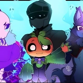 three cartoon characters standing next to each other in front of a blue and purple background Dandys World Halloween Toons The Return Of The Pumpkin Rabbit Dino, Dandy, Andys Apple Farm Peter Fanart, dark slate blue