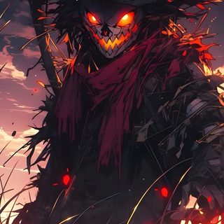 an anime character standing in tall grass with the sun setting behind him and his eyes glowing Halloween Anime 4k Fire Scarecrow, Dnd Halloween, Fantasy Scarecrow, Scarecrow, dark slate gray