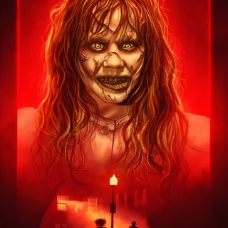 a creepy woman with long hair standing in front of a red light Exorcist Halloween The Exorcist Movie Poster, Exorcist Images, The Exorcist Movie Cover, dark red