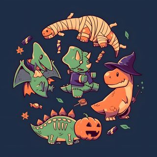 an image of halloween animals with pumpkins and bats Halloween Dinosaur Aesthetic Halloween Dinosaur Stickers, Fall Dinosaur, Autumn Dinosaur, dark slate gray