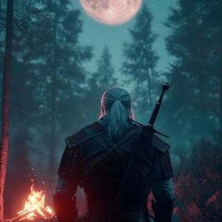 the witch sitting in front of a campfire at night with a full moon behind her Witcher Geralt Halloween Fantasy Art Inspiration, Fantasy Warrior Under Full Moon, Moonlit Forest Adventure, dark slate gray