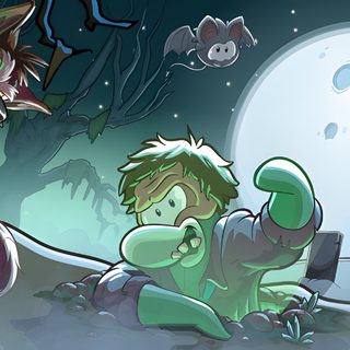 two cartoon characters sitting on the ground in front of a full moon with bats flying overhead Club Penguin Halloween Club Penguin Medieval Party, Club Penguin Ghost, Club Penguin Ios, dim gray