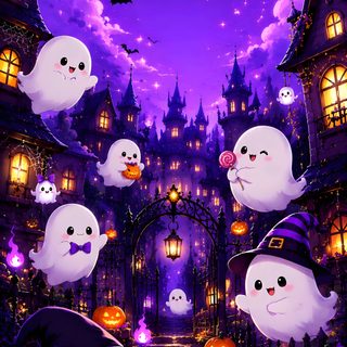 a group of ghost with pumpkins in front of a castle Halloween For Kids Room Image Halloween, Scary Ghost Pictures, Ghost Party, Tablet, Dark Flowers, Ios, indigo
