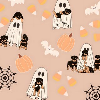 a halloween pattern with dogs and pumpkins on it, including two ghost - like figures Cute Halloween Dog Cartoon Autumn Ghost Design, Cute Halloween, Diy Halloween Crafts Inspiration, wheat