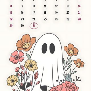 a calendar with a ghost surrounded by flowers and plants on the front, which reads october October 2025 Calendar Halloween Spooky October Calendar, Spooky Season Calendar, Halloween October Calendar, linen