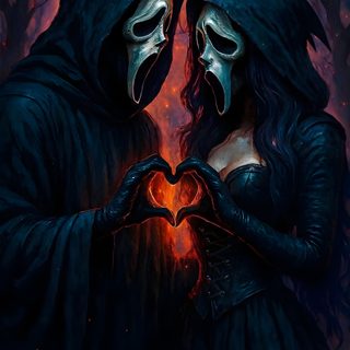 two people in masks making a heart with their hands Halloween Love Halloween Iphone Backgrounds, Scary, Gothic, Halloween Iphone, Edgy, Horror Characters, black