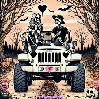 two skeletons riding on the back of a white jeep in front of trees with hearts Halloween Jeep Jeep Quotes, Girly Goth, Shes A Keeper, Cricut Decals, Dream Collage, rosy brown