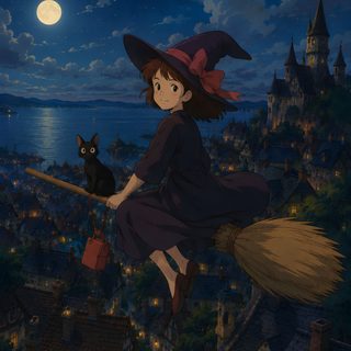 a woman flying through the air on top of a broom next to a black cat Ghibli Halloween black