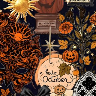a halloween scene with pumpkins and other decorations Black And Gold And Orange Halloween dark olive green