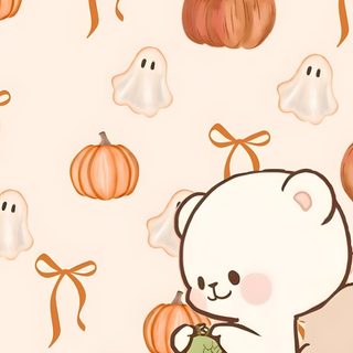 a white teddy bear sitting on top of a green ball of yarn next to pumpkins Halloween Matching linen