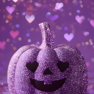 a purple glitter pumpkin sitting on top of a table next to confetti hearts Halloween Glitter Iphone Sparkly Halloween, Halloween, dark slate blue