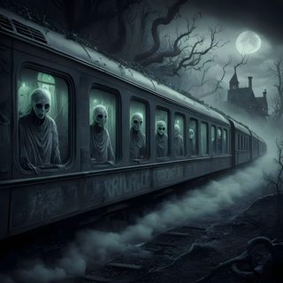 a train with skeletons riding on it in the dark Halloween Ghost Train Gothic Train Scene, Scary Train Drawing, Dark Fantasy Train Art, dark slate gray