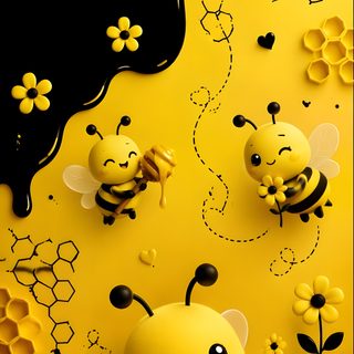 two bees and flowers on a yellow background Halloween Bees Accent Ideas Bees, Honey Bees, Bee, Floral Design, Cute Winnie The Pooh, goldenrod