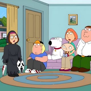 the family is sitting in their living room Family Guy Halloween Peter Griffin Scream, Family Guy Scared, Family Guy Scream, Family Guy Ghost, dark gray