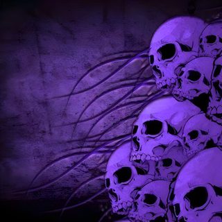 a bunch of skulls that are sitting in the dark with purple lighting on them, Halloween Skull Purple Custom Gothic Skull Art, Gothic Themed Room Inspiration, Halloween Party Decoration Ideas, midnight blue