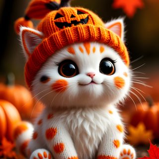 a white and orange kitten wearing a knitted pumpkin hat sitting on top of leaves Halloween Kitten Hd Cute Halloween Kitty, Cute Pumpkin Cat, Cute Cat Halloween, Halloween Cat, saddle brown