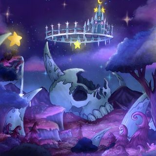 a painting of a castle in the sky with stars and clouds above it, surrounded by trees The Owl House Halloween Background For Pc Desktop, The Owl House Backgrounds, For Google Background, dark slate blue