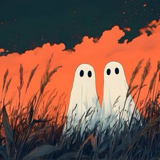 two white ghost standing in tall grass with orange sky and clouds behind them at night Halloween Desktop Dual Screen Spooky Desktop, Cute Hd Pc, Spooky Desktop Aesthetic, dark olive green