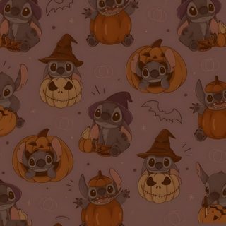 an animal themed wallpaper with pumpkins and witches on it's face, Aesthetic Halloween Stitch Fall Stitch, Stitch Fall Iphone, Autumn Stitch, dark olive green