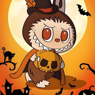 a cartoon cat holding a pumpkin in front of a full moon Halloween Labubu Kuromi Fall, Halloween Kuromi, Kuromi Autumn, Cute Halloween Panda, chocolate