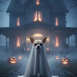 a dog dressed up as a ghost in front of a house with pumpkins on the ground Halloween Chihuahua Spooky Dog, Dog In Spooky Background, Halloween Dog Background, dark slate gray
