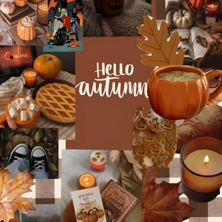 a collage of photos with pumpkins, candles and other things in them that include leaves Autumn Aesthetic Autumn Halloween saddle brown