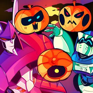 some cartoon characters with pumpkins on their faces Transformers Halloween Transformers Halloween Pfp, Tailgate Icon, Costume Party Tf, brown