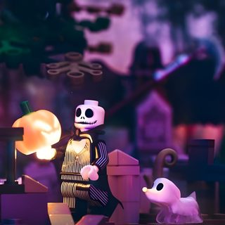 there is a lego skeleton and ghost in the scene Halloween Lego Lego Nightmare Before Christmas, Lego Skeleton Gif, Jack Skellington Lego, dark slate gray