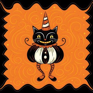 a black cat wearing a party hat and dress on an orange background with swirls Johanna Parker Halloween Vintage Halloween Illustration, Vintage Halloween Images, Vintage Halloween Art, chocolate