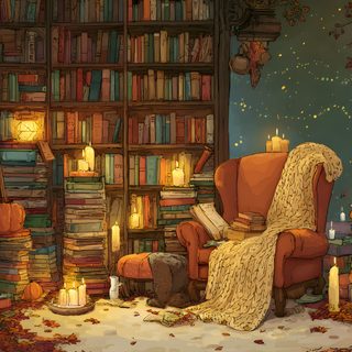 a room filled with lots of books and candles in front of a book shelf full of books Halloween Library Cozy Desktop, Cozy Fashion, Cozy Computer Background, dark olive green