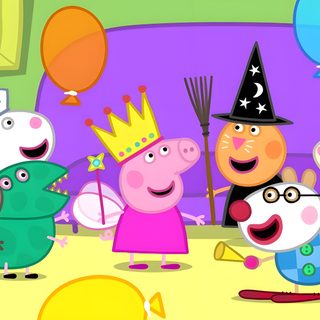 peppa's birthday party is in the air with balloons and other characters around Peppa Pig Halloween Peppa Pig Halloween, Peppa Pig Pumpkin Party Pumpkin Party, Peppa Pig Halloween Pictures, dark khaki