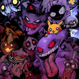 an image of some cartoon characters on a black background with purple and yellow lights in their eyes Gengar Halloween Dark Pokémon, Groudon Pokemon, Tatuagem Pokemon, Pokemon Halloween, dark slate gray