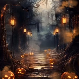 a halloween scene with pumpkins on the ground and lanterns hanging from trees in the air Halloween Live Gif Moving Iphone, Halloween Images, Horror Photos, Happy Halloween Gif, Halloween Gif, black