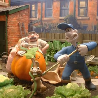 three cartoon characters are working in the garden with pumpkins and cabbage plants on display Wallace And Gromit Halloween Hd Wallace And Gromit Halloween, Wallace And Gromit Carrot, Wallace And Gromit Bunny, dim gray
