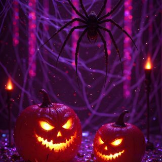 two jack o lantern pumpkins sitting next to each other on a purple background with lights Neon Purple Halloween midnight blue