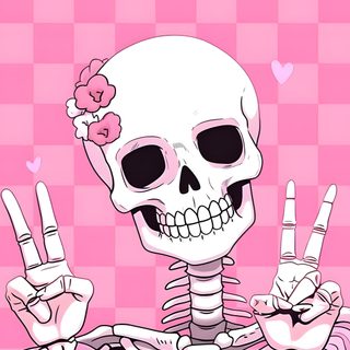a skeleton holding up two fingers in front of a pink checkered background with hearts Cute Aesthetic Halloween Skeleton Cute Pink Halloween Phone Background, Pink And Black Skeleton, Pink Skull Aesthetic,