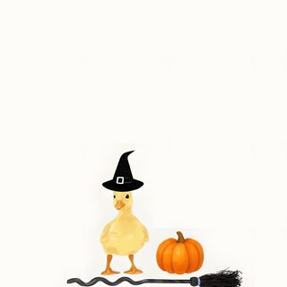 a little duck sitting on top of a broom next to pumpkins Halloween Duck white smoke