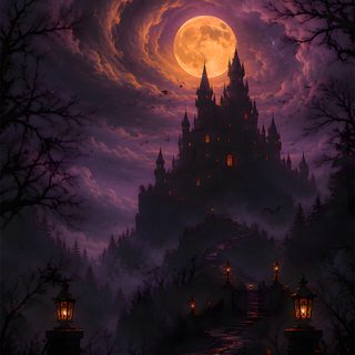 a painting of a castle in the sky with a full moon and trees around it Halloween Castle Background black