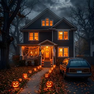a house decorated for halloween with pumpkins and jack - o'- lantern lights Halloween House Ideas dark slate gray