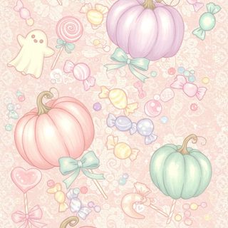 a pink background with some candy and candies in the shape of pumpkins on it Pastel Halloween Medium-pumpkin Patch Halloween, Pastel, antique white