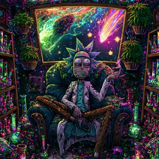 an image of a man sitting in a chair surrounded by plants and other things on the floor Rick And Morty Halloween dark slate gray