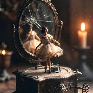 a small figurine is standing on top of a table next to a clock Halloween Ballerina Music Box Aesthetic Vintage, Vintage Music Box Aesthetic, Fantasy Music Box, dark slate gray