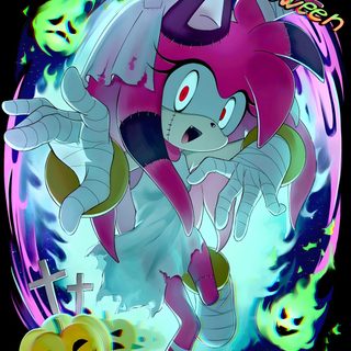an image of a cartoon character in the air with a happy halloween message on it Amy Rose Halloween Vampire Amy Rose, Amy Sonic Boom Fanart, Sonic Vampire Amy, Witch Amy Rose, dim gray