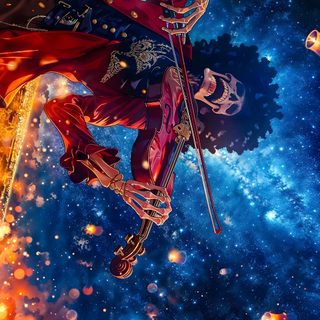 an anime character is flying through the sky One Piece Halloween 4k midnight blue
