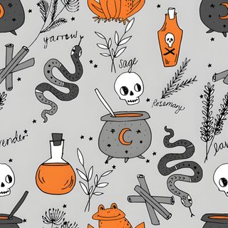 halloween seamless pattern with skulls, caulders and other items on grey background Halloween Spooky Cauldron Snakes Potions Halloween Spooky Cauldron Snakes Potions, Poison Pattern, Cauldron Pattern Fabric, light gray