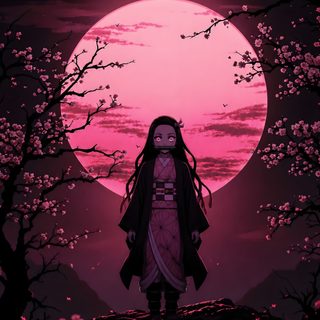 a woman standing in front of a full moon with cherry blossoms on the ground and trees Anime Halloween Aesthetic Nezuko Kamado, Demon Slayer Nezuko, Nezuko Hd, Nezuko Phone, Nezuko Aesthetic, black