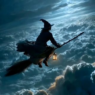 a man riding on the back of a broom in the sky Halloween Flying Monster Halloween Live, Vintage Halloween Cards, Halloween Yard Art, dark slate gray