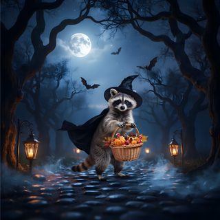 a raccoon dressed as a witch holding a basket full of food Halloween Raccoon Halloween Art, Halloween, dark slate gray